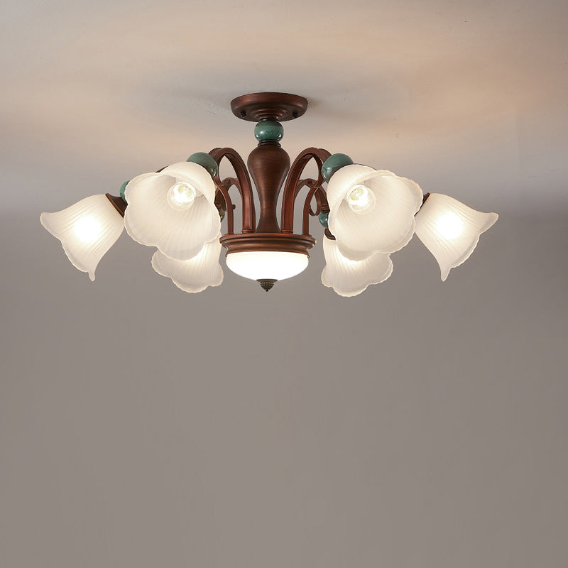 Traditional Vintage Multi-Flower Metal Glass 4/7/9/11-Light Semi-Flush Mount Ceiling Light For Living Room