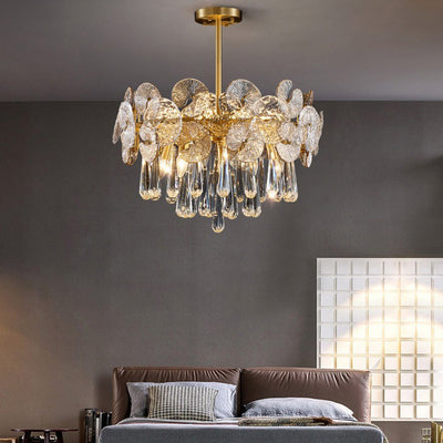 Traditional Luxury Round Teardrop Crystal Copper Glass 6/9/12-Light Chandelier For Living Room