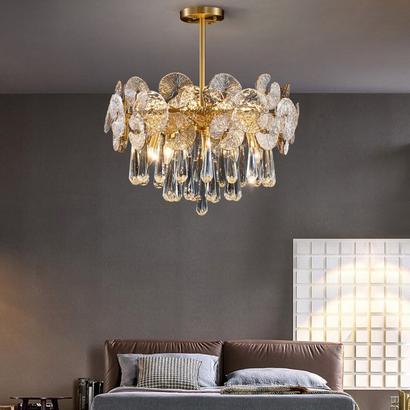 Traditional Luxury Round Teardrop Crystal Copper Glass 6/9/12-Light Chandelier For Living Room