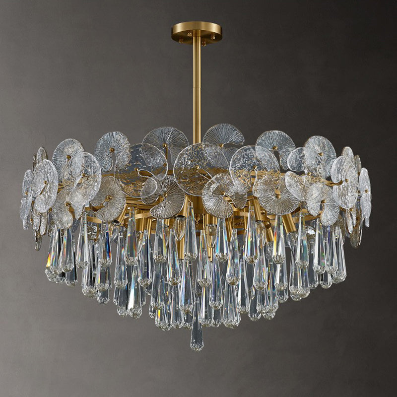 Traditional Luxury Round Teardrop Crystal Copper Glass 6/9/12-Light Chandelier For Living Room