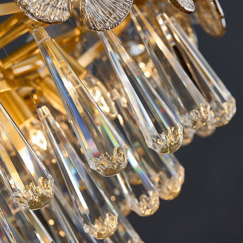 Traditional Luxury Round Teardrop Crystal Copper Glass 6/9/12-Light Chandelier For Living Room