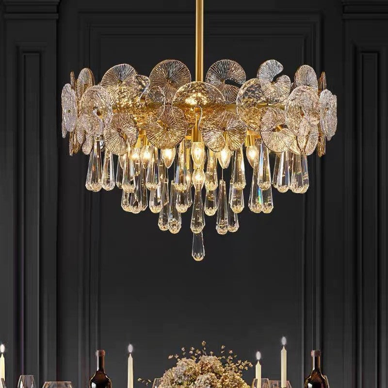 Traditional Luxury Round Teardrop Crystal Copper Glass 6/9/12-Light Chandelier For Living Room