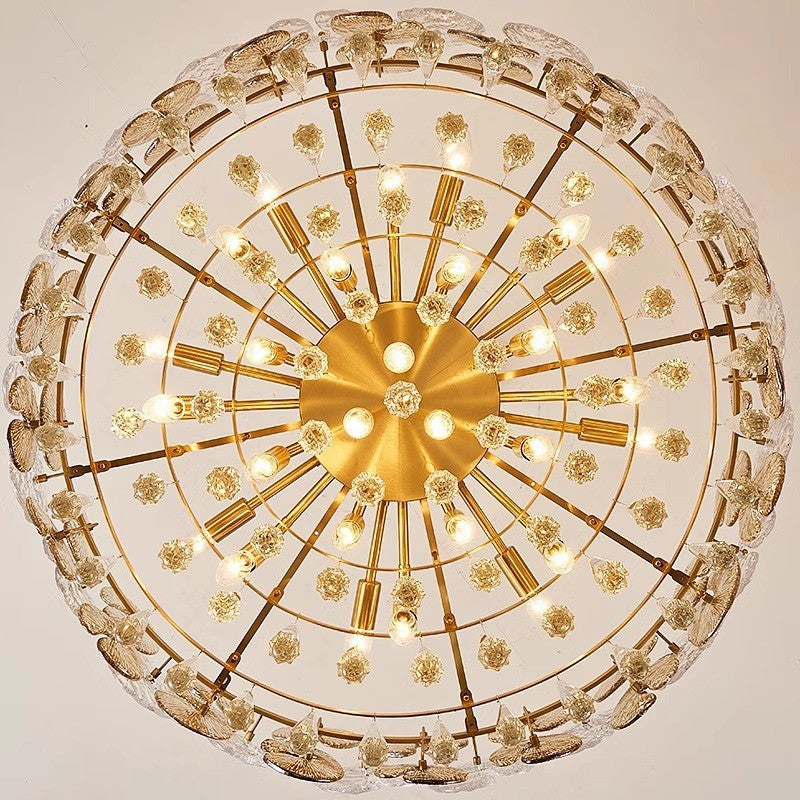 Traditional Luxury Round Teardrop Crystal Copper Glass 6/9/12-Light Chandelier For Living Room