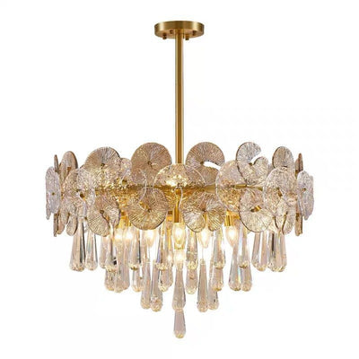 Traditional Luxury Round Teardrop Crystal Copper Glass 6/9/12-Light Chandelier For Living Room