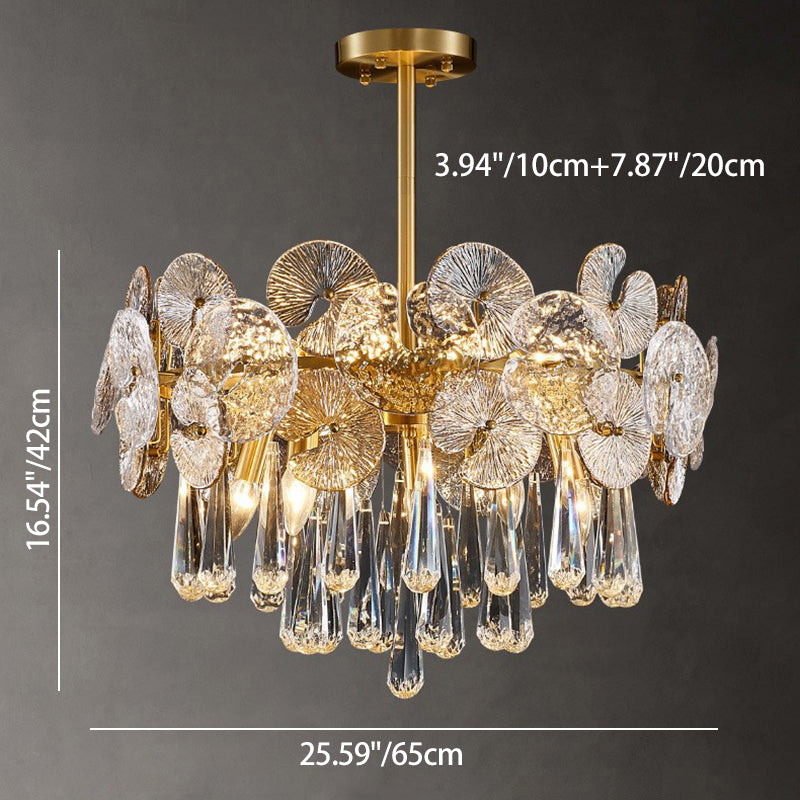 Traditional Luxury Round Teardrop Crystal Copper Glass 6/9/12-Light Chandelier For Living Room