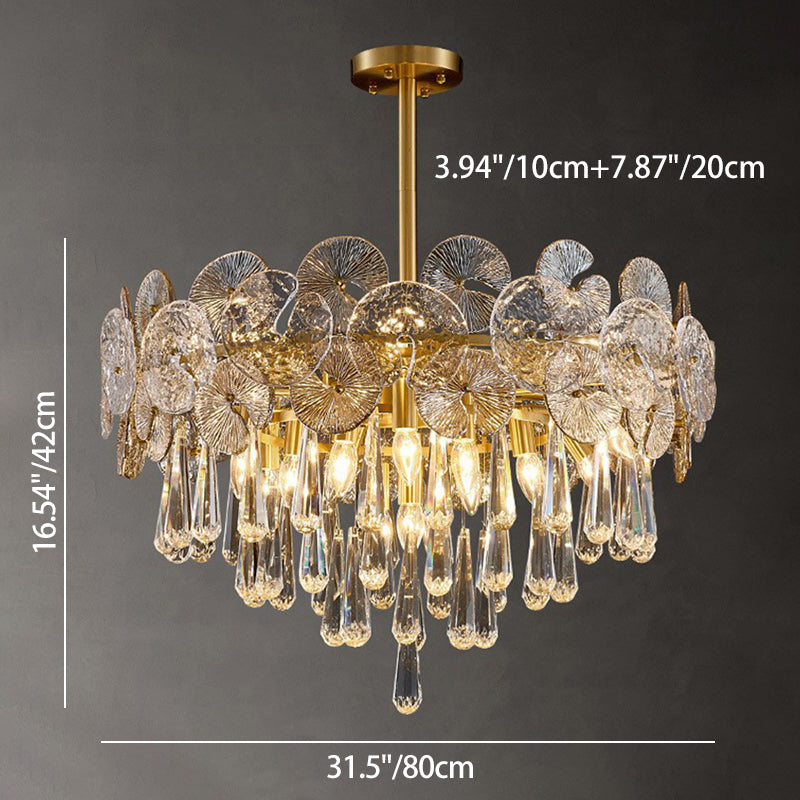 Traditional Luxury Round Teardrop Crystal Copper Glass 6/9/12-Light Chandelier For Living Room