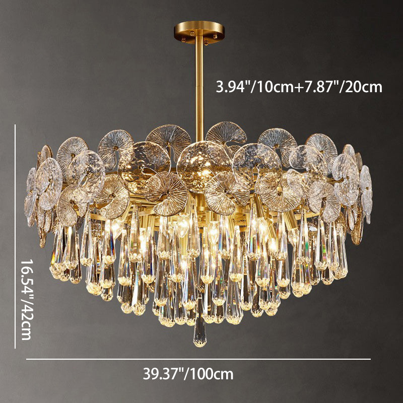 Traditional Luxury Round Teardrop Crystal Copper Glass 6/9/12-Light Chandelier For Living Room