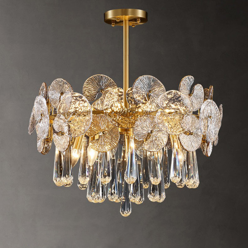 Traditional Luxury Round Teardrop Crystal Copper Glass 6/9/12-Light Chandelier For Living Room