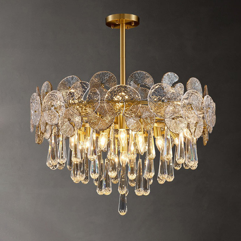 Traditional Luxury Round Teardrop Crystal Copper Glass 6/9/12-Light Chandelier For Living Room