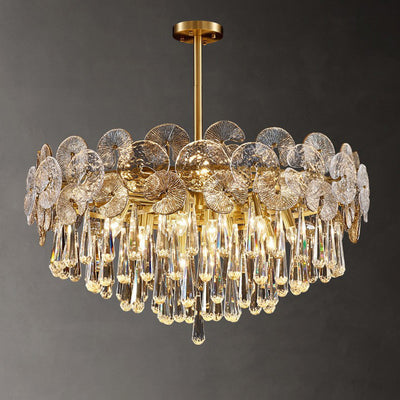 Traditional Luxury Round Teardrop Crystal Copper Glass 6/9/12-Light Chandelier For Living Room