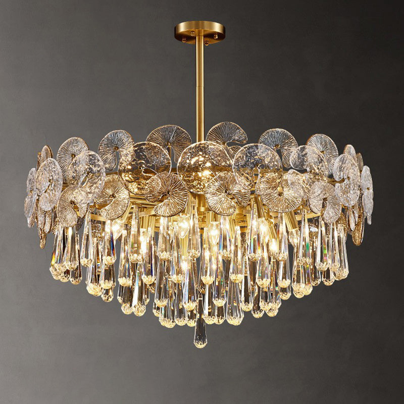 Traditional Luxury Round Teardrop Crystal Copper Glass 6/9/12-Light Chandelier For Living Room