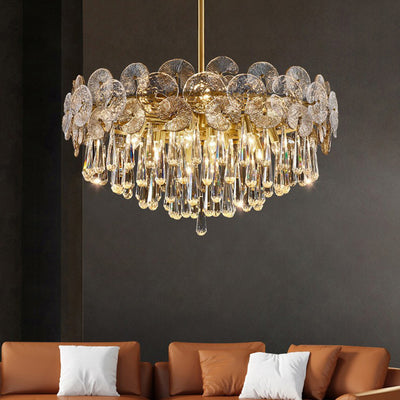 Traditional Luxury Round Teardrop Crystal Copper Glass 6/9/12-Light Chandelier For Living Room