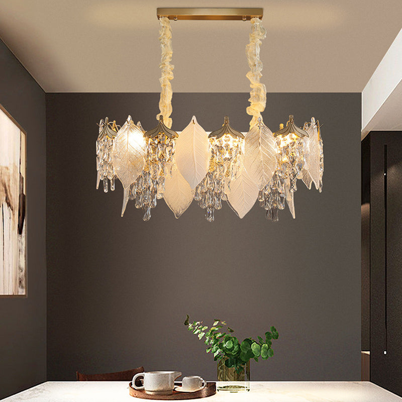 Traditional French Leaf Round Crystal Metal Glass 6/8/9/12/16-Light Chandelier Island Light For Dining Room