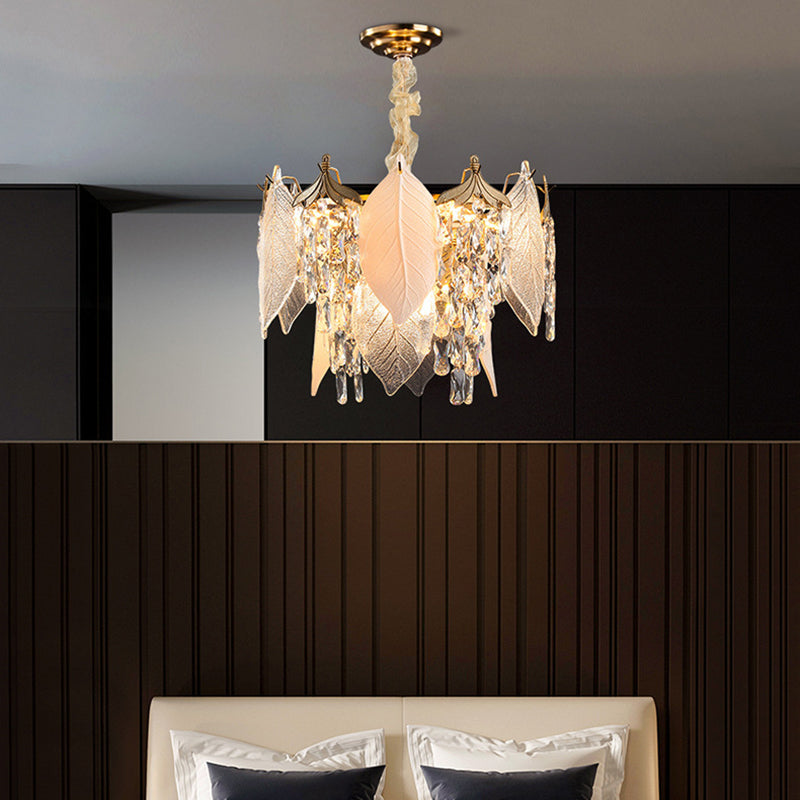 Traditional French Leaf Round Crystal Metal Glass 6/8/9/12/16-Light Chandelier Island Light For Dining Room