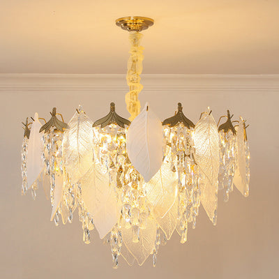 Traditional French Leaf Round Crystal Metal Glass 6/8/9/12/16-Light Chandelier Island Light For Dining Room