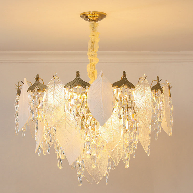 Traditional French Leaf Round Crystal Metal Glass 6/8/9/12/16-Light Chandelier Island Light For Dining Room