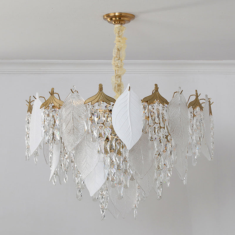 Traditional French Leaf Round Crystal Metal Glass 6/8/9/12/16-Light Chandelier Island Light For Dining Room