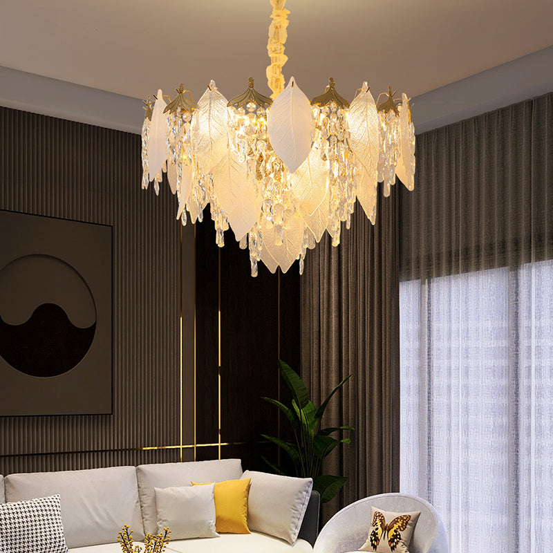 Traditional French Leaf Round Crystal Metal Glass 6/8/9/12/16-Light Chandelier Island Light For Dining Room