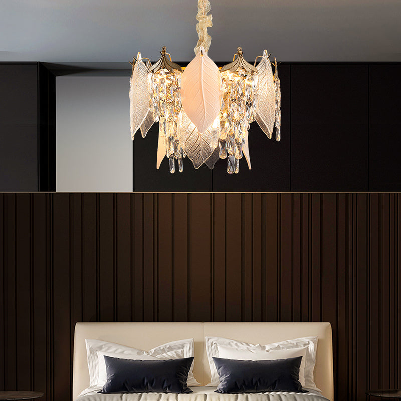 Traditional French Leaf Round Crystal Metal Glass 6/8/9/12/16-Light Chandelier Island Light For Dining Room