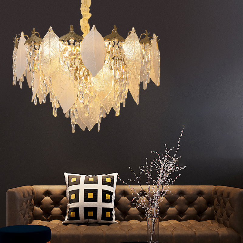 Traditional French Leaf Round Crystal Metal Glass 6/8/9/12/16-Light Chandelier Island Light For Dining Room
