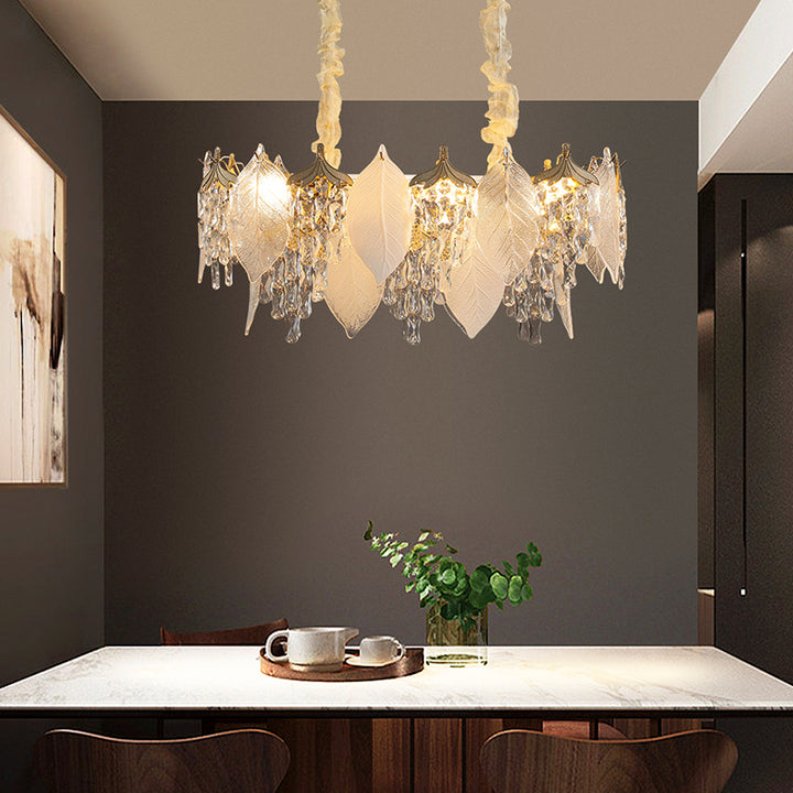 Traditioneller französischer Blatt-Rundkristall-Metall-Glas 6/8/9/12/16-Licht Kronleuchter Insellicht für Esszimmer 