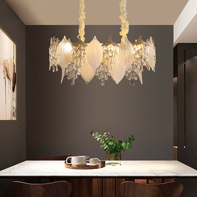 Traditional French Leaf Round Crystal Metal Glass 6/8/9/12/16-Light Chandelier Island Light For Dining Room