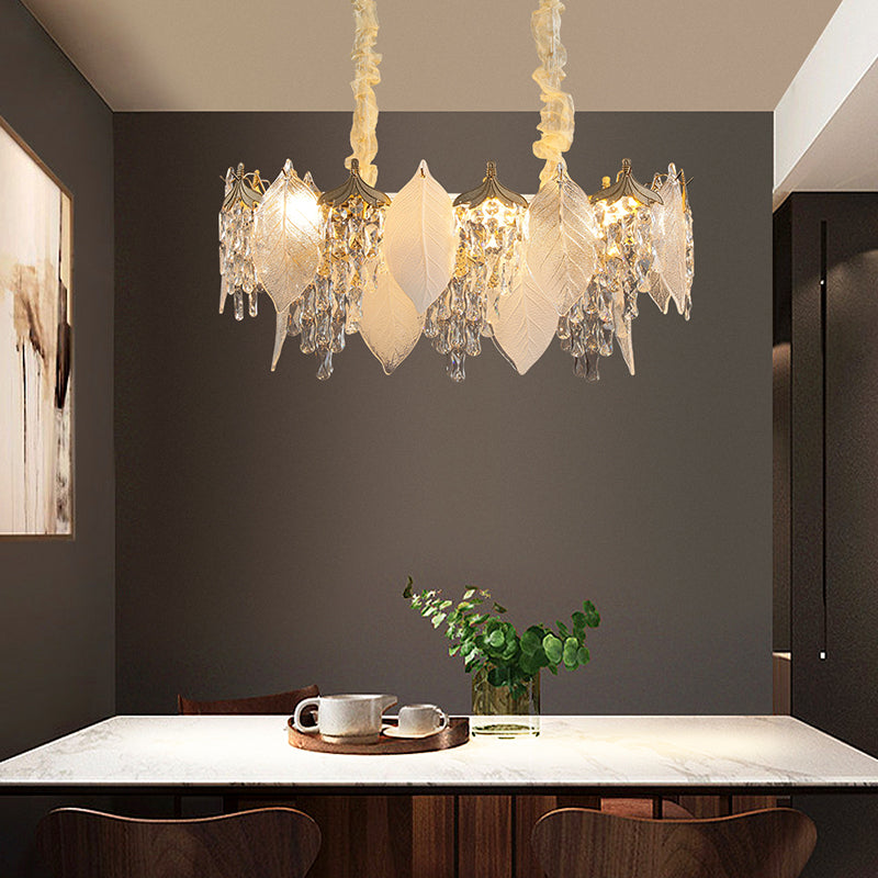 Traditional French Leaf Round Crystal Metal Glass 6/8/9/12/16-Light Chandelier Island Light For Dining Room