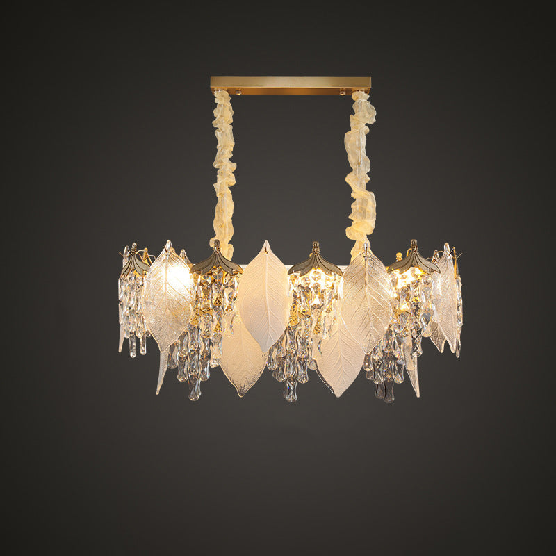 Traditional French Leaf Round Crystal Metal Glass 6/8/9/12/16-Light Chandelier Island Light For Dining Room