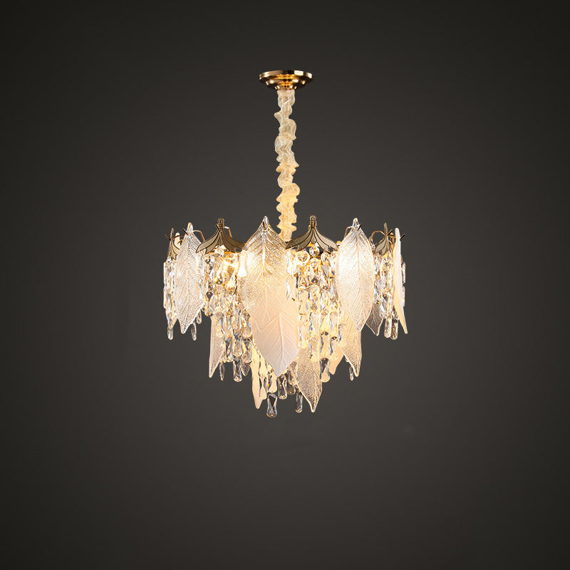 Traditional French Leaf Round Crystal Metal Glass 6/8/9/12/16-Light Chandelier Island Light For Dining Room