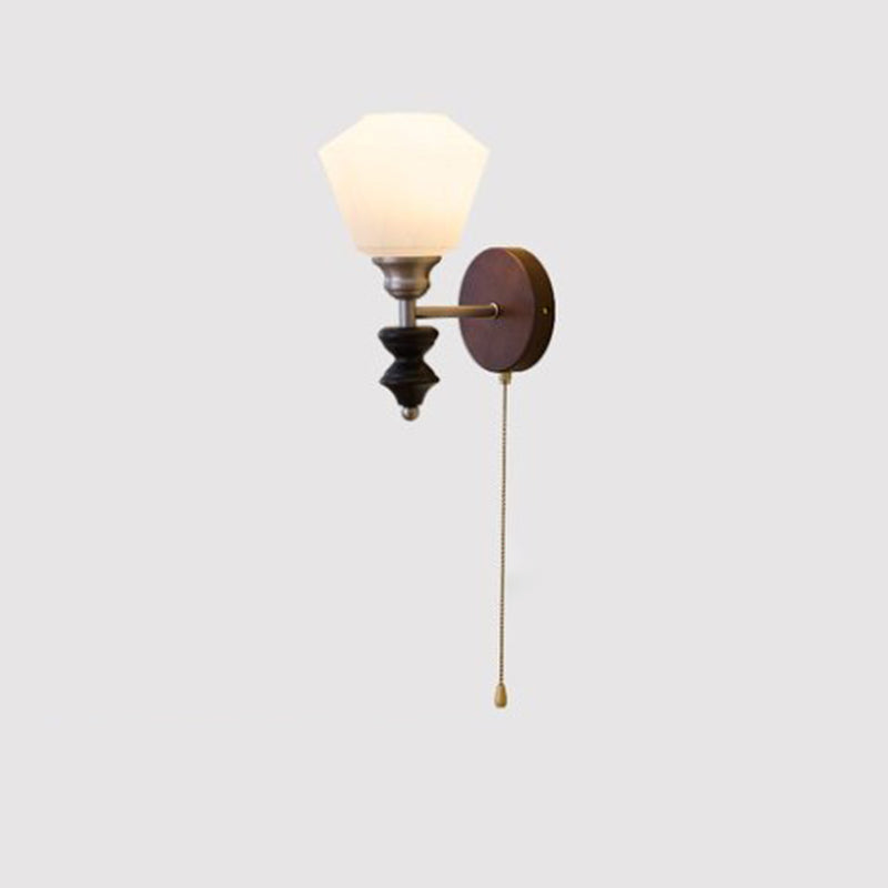 Traditional Vintage Zipper Round Ball-Shaped Flower Metal Ash Wood Glass 1-Light Wall Sconce Lamp For Bedroom