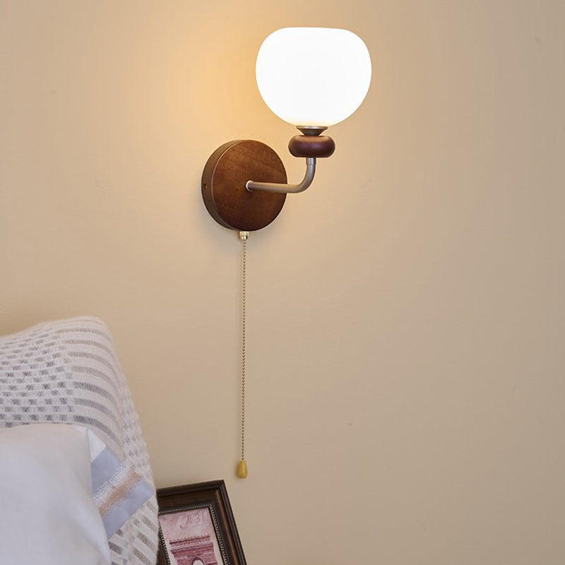 Traditional Vintage Zipper Round Ball-Shaped Flower Metal Ash Wood Glass 1-Light Wall Sconce Lamp For Bedroom