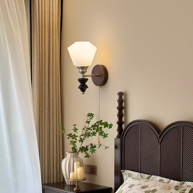 Traditional Vintage Zipper Round Ball-Shaped Flower Metal Ash Wood Glass 1-Light Wall Sconce Lamp For Bedroom