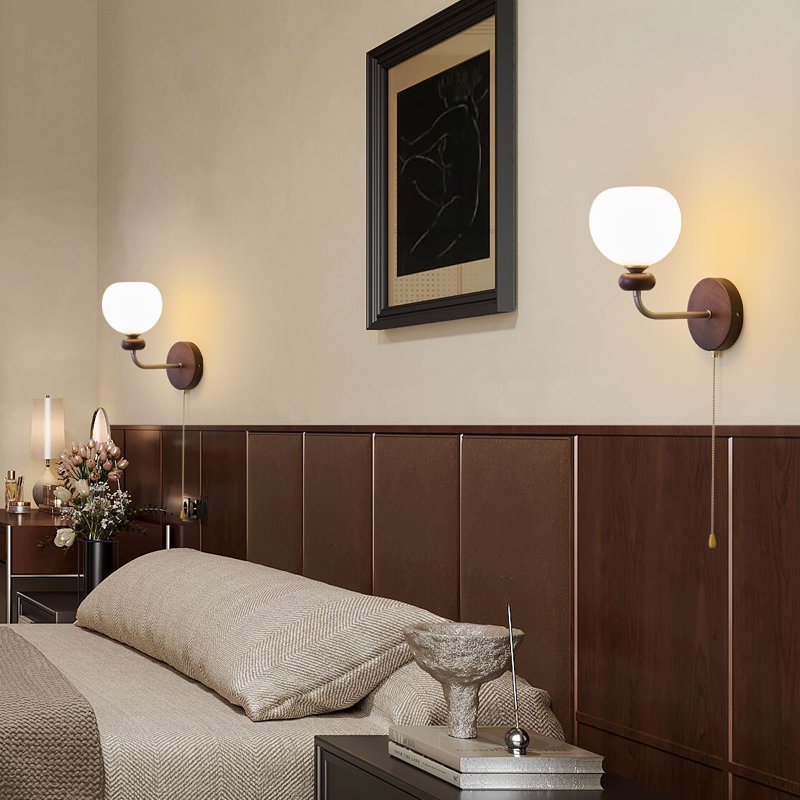 Traditional Vintage Zipper Round Ball-Shaped Flower Metal Ash Wood Glass 1-Light Wall Sconce Lamp For Bedroom