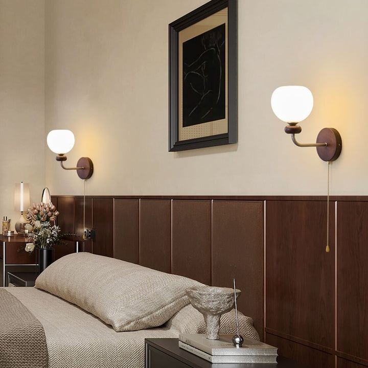 Traditional Vintage Zipper Round Ball-Shaped Flower Metal Ash Wood Glass 1-Light Wall Sconce Lamp For Bedroom