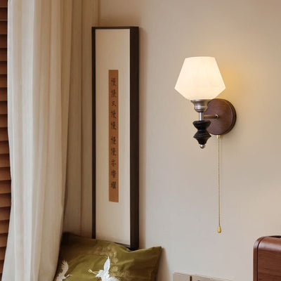Traditional Vintage Zipper Round Ball-Shaped Flower Metal Ash Wood Glass 1-Light Wall Sconce Lamp For Bedroom
