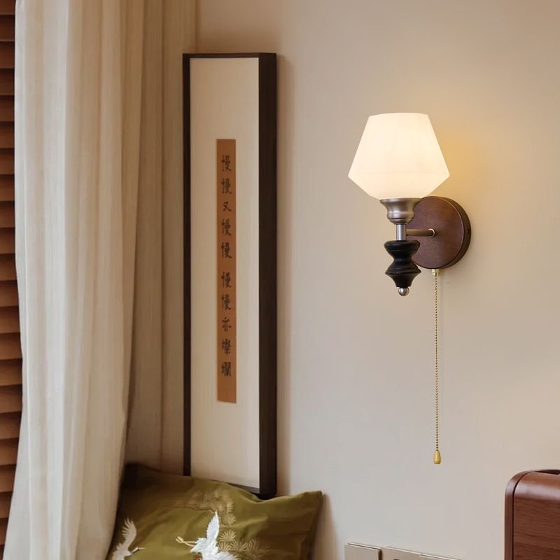 Traditional Vintage Zipper Round Ball-Shaped Flower Metal Ash Wood Glass 1-Light Wall Sconce Lamp For Bedroom