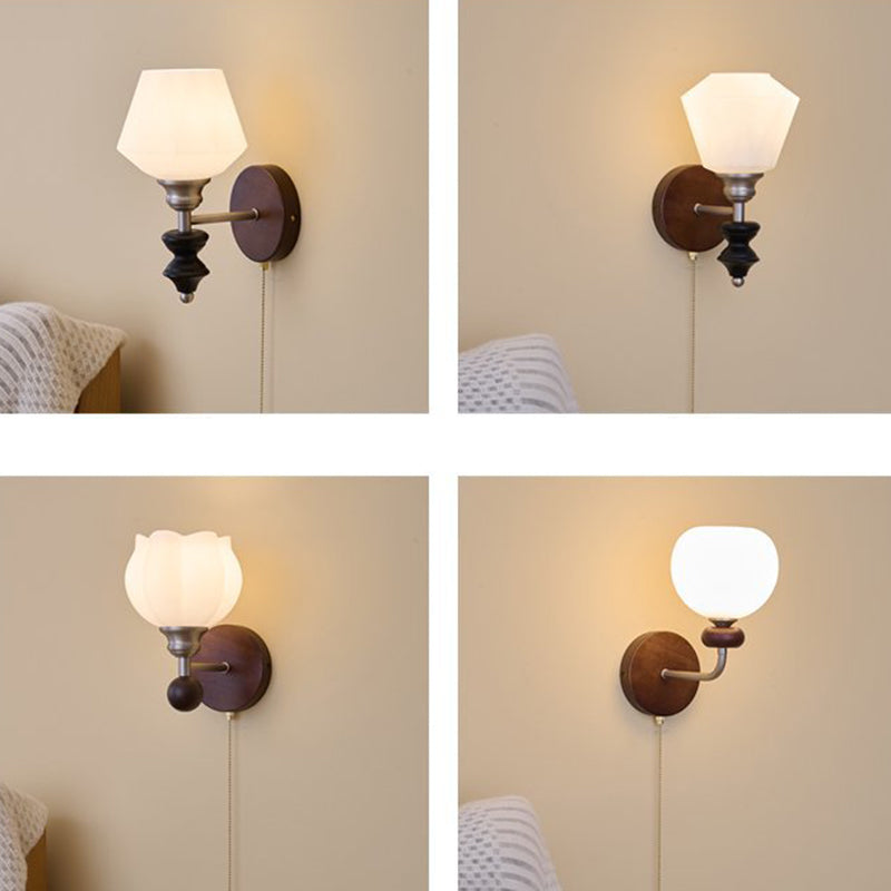 Traditional Vintage Zipper Round Ball-Shaped Flower Metal Ash Wood Glass 1-Light Wall Sconce Lamp For Bedroom