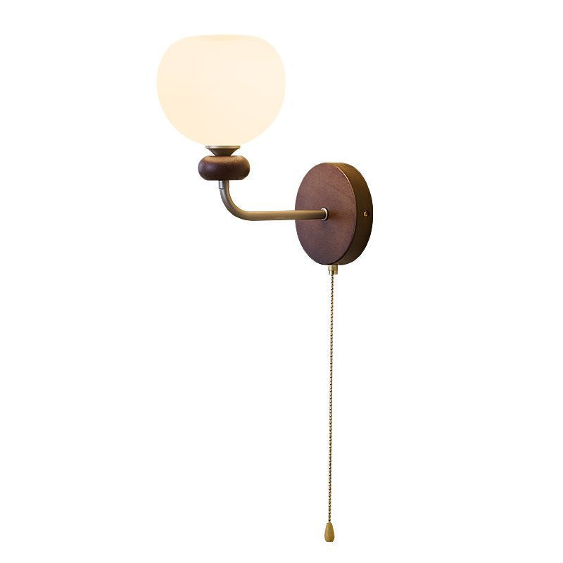 Traditional Vintage Zipper Round Ball-Shaped Flower Metal Ash Wood Glass 1-Light Wall Sconce Lamp For Bedroom