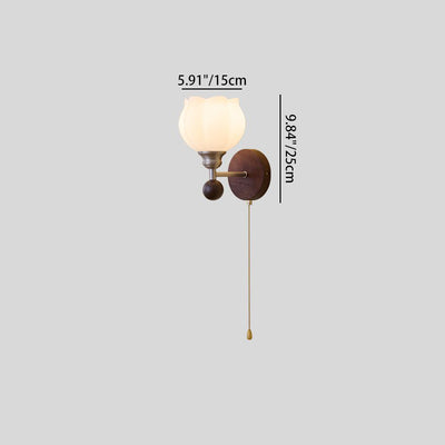 Traditional Vintage Zipper Round Ball-Shaped Flower Metal Ash Wood Glass 1-Light Wall Sconce Lamp For Bedroom