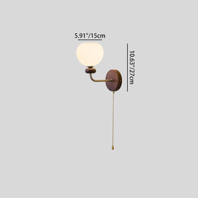 Traditional Vintage Zipper Round Ball-Shaped Flower Metal Ash Wood Glass 1-Light Wall Sconce Lamp For Bedroom