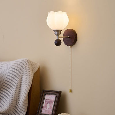 Traditional Vintage Zipper Round Ball-Shaped Flower Metal Ash Wood Glass 1-Light Wall Sconce Lamp For Bedroom