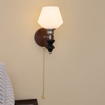 Traditional Vintage Zipper Round Ball-Shaped Flower Metal Ash Wood Glass 1-Light Wall Sconce Lamp For Bedroom