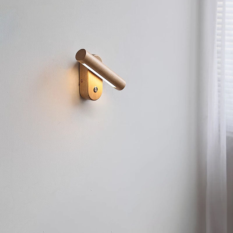 Traditional Vintage Rotatable Long Cylindrical Walnut PLA LED Wall Sconce Lamp For Bedroom