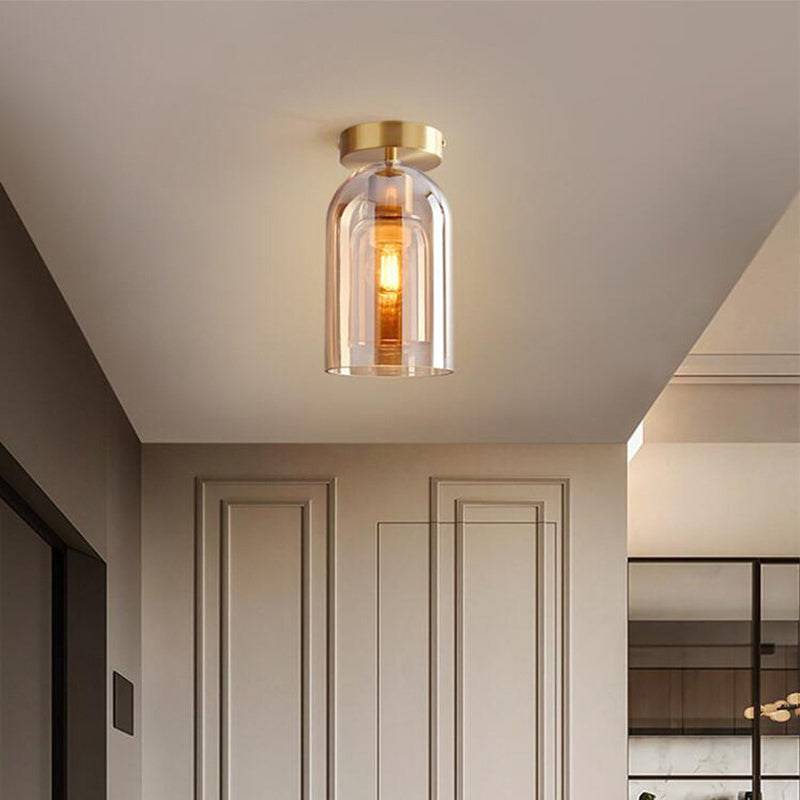 Contemporary Nordic Cylindrical Iron Glass 1-Light Semi-Flush Mount Ceiling Light For Hallway