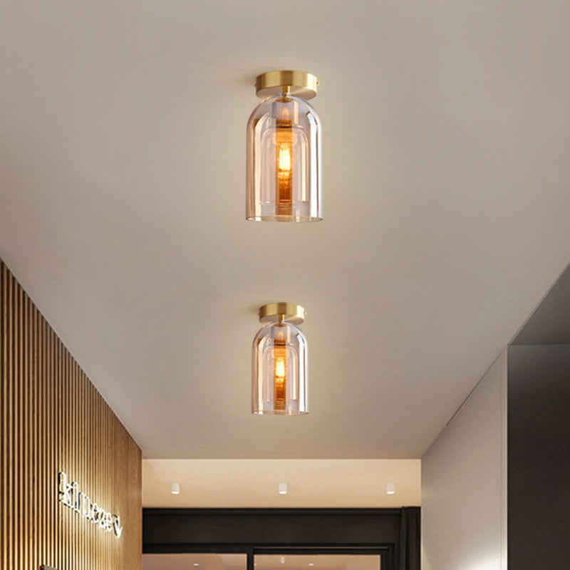 Contemporary Nordic Cylindrical Iron Glass 1-Light Semi-Flush Mount Ceiling Light For Hallway