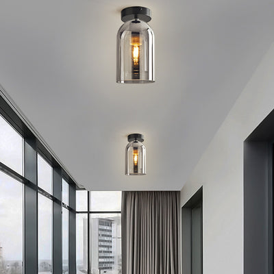 Contemporary Nordic Cylindrical Iron Glass 1-Light Semi-Flush Mount Ceiling Light For Hallway