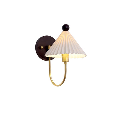 Traditional Vintage Pleated Umbrella-shaped Solid Wood Hardware Ceramic 1-Light Wall Sconce Lamp For Bedroom