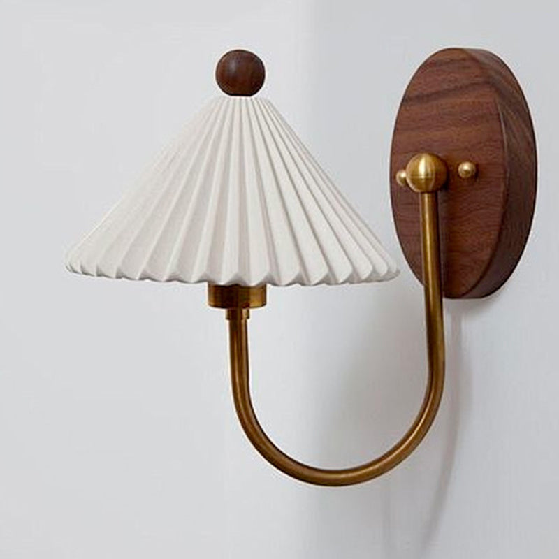 Traditional Vintage Pleated Umbrella-shaped Solid Wood Hardware Ceramic 1-Light Wall Sconce Lamp For Bedroom