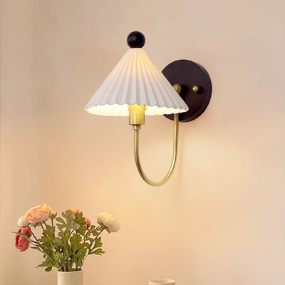 Traditional Vintage Pleated Umbrella-shaped Solid Wood Hardware Ceramic 1-Light Wall Sconce Lamp For Bedroom