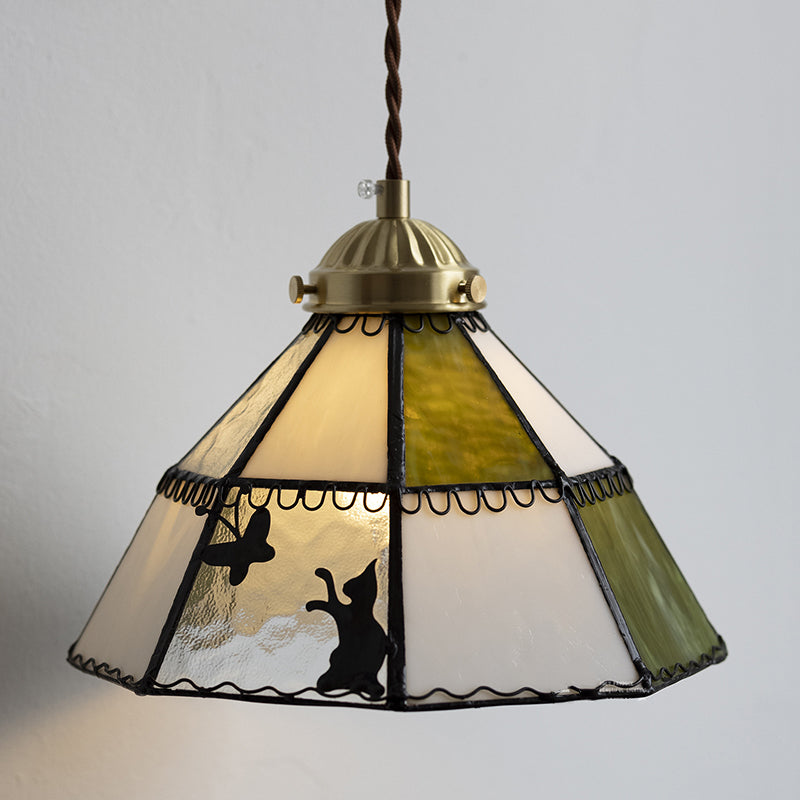 Traditional Tiffany Round Cat Pattern Brass Glass 1-Light Wall Sconce Lamp For Bedroom